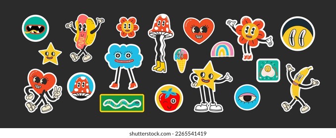 70's groovy illustrations for poster, sticker. Retro print with hippie cute crazy characters. Funky character concepts of crazy stars, dripping emoticon. Only good vibes sentence