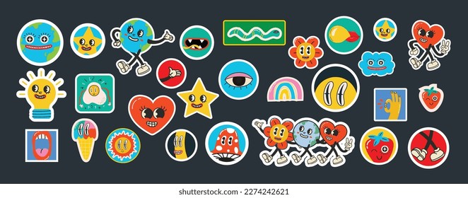 70's groovy illustrations for poster, sticker. Retro print with hippie cute crazy characters. Funky character concepts of crazy stars, dripping emoticon. Only good vibes sentence