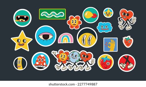 70's groovy illustrations for poster, sticker. Retro print with hippie cute crazy characters. Funky character concepts of crazy stars, dripping emoticon. Only good vibes sentence