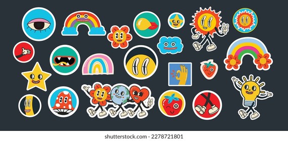 70's groovy illustrations for poster, sticker. Retro print with hippie cute crazy characters. Funky character concepts of crazy stars, dripping emoticon. Only good vibes sentence
