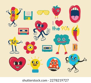 70's groovy illustrations for the posters, cards or stickers with hippie cute colorful funky character concepts of crazy geometric, dripping emoticon. Only good vibes sentence