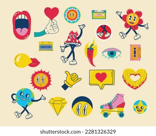 70's groovy illustrations for the posters, cards or stickers with hippie cute colorful funky character concepts of crazy geometric, dripping emoticon. Only good vibes sentence