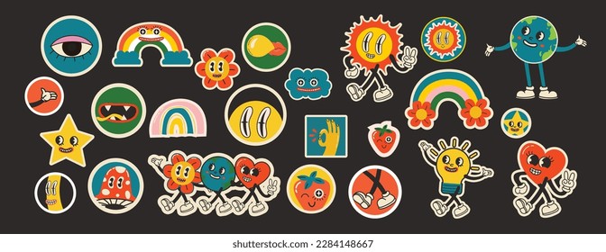 70's groovy illustrations for the posters, cards or stickers with hippie cute colorful funky character concepts of crazy geometric, dripping emoticon. Only good vibes sentence