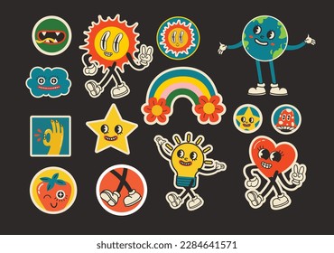 70's groovy illustrations for the posters, cards or stickers with hippie cute colorful funky character concepts of crazy geometric, dripping emoticon. Only good vibes sentence