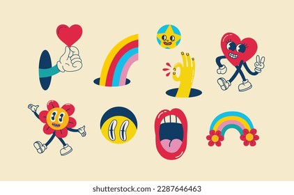 70's groovy illustrations for the posters, cards or stickers with hippie cute colorful funky character concepts of crazy geometric, dripping emoticon. Only good vibes sentence