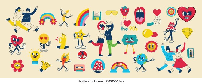 70's groovy illustrations for the posters, cards or stickers with hippie cute colorful funky character concepts of crazy geometric, dripping emoticon. Only good vibes sentence