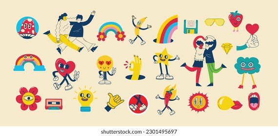 70's groovy illustrations for the posters, cards or stickers with hippie cute colorful funky character concepts of crazy geometric, dripping emoticon. Only good vibes sentence