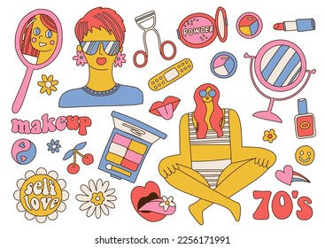 Conjunto de elementos de maquillaje de groovy de los años 70. Procedimiento de belleza en el hogar. Cool Girl hace el cuidado de la cara con sombras, labios y polvo. Concepto retro de cosmetología con mujer. Ilustración vectorial de contorno plano