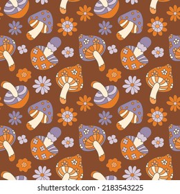 70s groovy mushrooms, daisy flowers seamless background. Vector illustration. Retro ornament in a hippie style. Orange and purple fly agarics on a brown background. Boho Halloween, Autumn Magic.