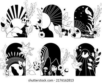 70s groovy posters, Retro Black and white sunset background, mushroom, leaves, retro flowers, dove. Abstract Sunset poster. Vintage hippy style. Vector illustration