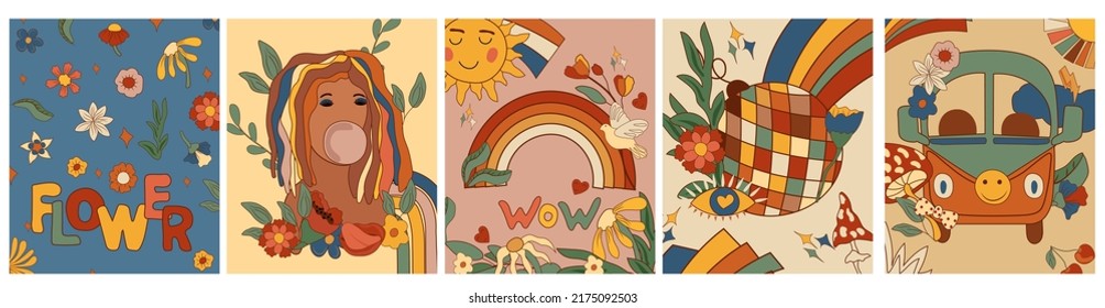 70s groovy posters with retro bus, groovy disco ball, colorful rainbow, girl, flowers and leaves. Psychedelic poster in vintage style. Abstract digital poster. Vector illustration