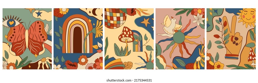 70s groovy posters with retro bus, groovy disco ball, colorful rainbow, flowers and leaves. Psychedelic poster in vintage style. Abstract digital poster. Vector illustration