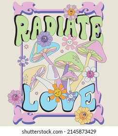 70s groovy posters, retro print with hippie elements. Cartoon psychedelic landscape with mushrooms and flowers, vintage funky print vector set. Illustration print with inspirational slogan typography 