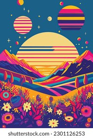 70s groovy posters, retro print with hippie elements. Cartoon psychedelic landscape with mushrooms and flowers, vintage funky print vector set. Open space with planets and stars, meadow with sunrise