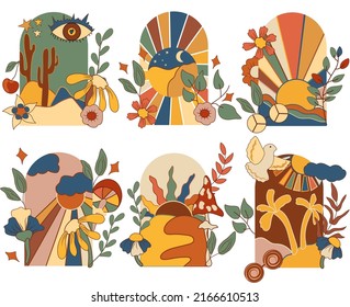 70s groovy posters, Retro sunset background, mushroom, leaves, retro flowers, dove. Abstract Sunset poster. Vintage hippy style. Vector illustration