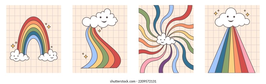 70s groovy posters set, retro print with rainbow and clouds. Hippie vibes aesthetic graphic design.