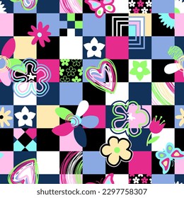 70s groovy retro allover print with hippie typography, flowers and checkered background for t-shirt or poster