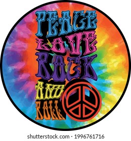 70s groovy retro peace love rock and roll slogan print with hippie rainbow tie dye for tee t shirt or poster sticker - Vector