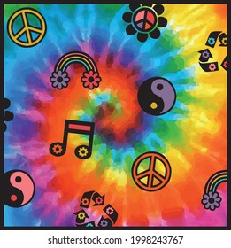 70s groovy retro print with hippie symbols and rainbow tie dye for girl kids tee t shirt or poster sticker - Vector