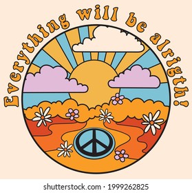 70s groovy retro psychedelic print with hippie slogan sun flowers and peace sign for tee t shirt or poster sticker - Vector