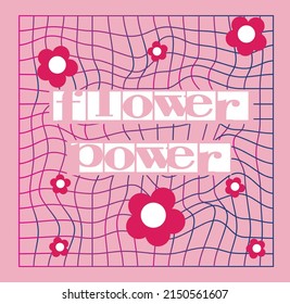 70s groovy retro slogan print with hippie typography, flowers and checkered background for tee t shirt or poster - flower power Vector
