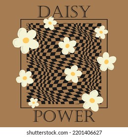 70s groovy retro slogan print with hippie typography, flowers and checkered background for tee t shirt or poster - Vector