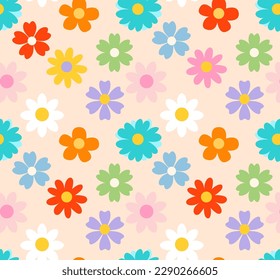 70s groovy seamless pattern with flowers. Colorful print with vintage cartoon hippie flower petals and a retro vibe. Colorful design template for summer, spring background. Vector illustration