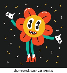 70's groovy square poster, sticker. Retro print with hippie cute colorful flowers. Funky character concepts of crazy flowers, dripping emoticon. Only good vibes sentence