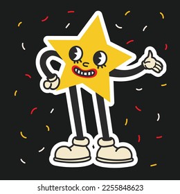 70's groovy square poster, sticker. Retro print with hippie cute colorful star. Funky character concepts of crazy stars, dripping emoticon. Only good vibes sentence