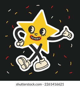 70's groovy square poster, sticker. Retro print with hippie cute star. Funky character concepts of crazy stars, dripping emoticon. Only good vibes sentence