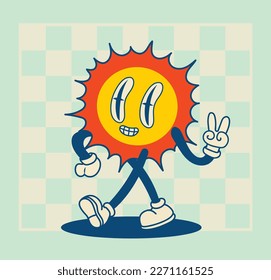 70's groovy square poster, sticker. Retro print with hippie cute walking sun Funky character concepts of crazy stars, dripping emoticon. Only good vibes sentence