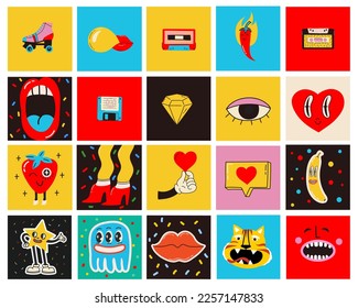 70's groovy square posters, cards or stickers. Retro print with hippie cute colorful funky character concepts of crazy geometric, dripping emoticon. Only good vibes sentence