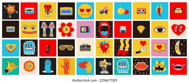 70's groovy square posters, cards or stickers. Retro print with hippie cute colorful funky character concepts of crazy geometric, dripping emoticon. Only good vibes sentence