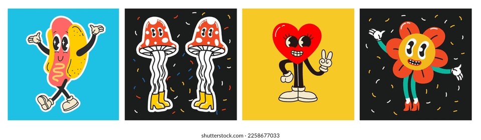 70's groovy square posters, cards or stickers. Retro print with hippie cute colorful funky character concepts of crazy geometric, dripping emoticon. Only good vibes sentence