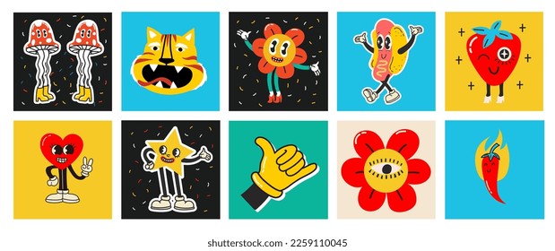 70's groovy square posters, cards or stickers. Retro print with hippie cute colorful funky character concepts of crazy geometric, dripping emoticon. Only good vibes sentence