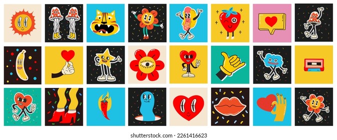 Afiches cuadrados, tarjetas o stickers groovy de los años 70. Impresión retro con lindos y coloridos personajes hongos hippies de carácter loco geométrico, emoticono gotante. Sólo una buena frase de vibes