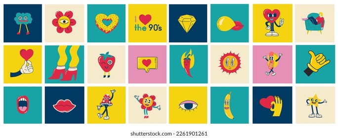 Afiches cuadrados, tarjetas o stickers groovy de los años 70. Impresión retro con lindos y coloridos personajes hongos hippies de carácter loco geométrico, emoticono gotante. Sólo una buena frase de vibes