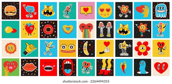 Plakate, Karten oder Aufkleber aus den 70er Jahren. Retro Print mit hippie süße bunt funky Charakter Konzepte von verrückten geometrischen, tropfenden Emotionen. Nur gute Sätze
