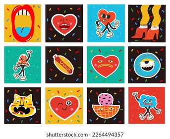 70's groovy square posters, cards or stickers. Retro print with hippie cute colorful funky character concepts of crazy geometric, dripping emoticon. Only good vibes sentence