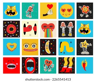 70's groovy square posters, cards or stickers. Retro print with hippie cute colorful funky character concepts of crazy geometric, dripping emoticon. Only good vibes sentence