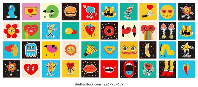 70's groovy square posters, cards or stickers. Retro print with hippie cute colorful funky character concepts of crazy geometric, dripping emoticon. Only good vibes sentence