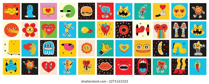 70's groovy square posters, cards or stickers. Retro print with hippie cute colorful funky character concepts of crazy geometric, dripping emoticon. Only good vibes sentence