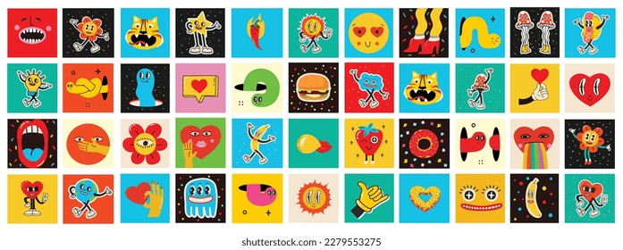 70's groovy square posters, cards or stickers. Retro print with hippie cute colorful funky character concepts of crazy geometric, dripping emoticon. Only good vibes sentence