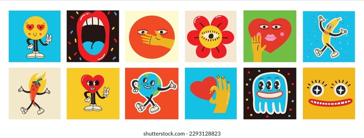 70's groovy square posters, cards or stickers. Retro print with hippie cute colorful funky character concepts of crazy geometric, dripping emoticon. Only good vibes sentence