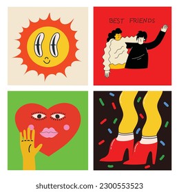 70's groovy square posters, cards or stickers. Retro print with hippie cute colorful funky character concepts of crazy geometric, dripping emoticon. Only good vibes sentence