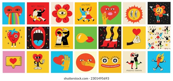 70's groovy square posters, cards or stickers. Retro print with hippie cute colorful funky character concepts of crazy geometric, dripping emoticon. Only good vibes sentence