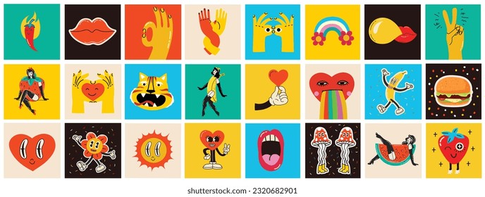 70's groovy square posters, cards or stickers. Retro print with hippie cute colorful funky character concepts of crazy geometric, dripping emoticon. Only good vibes sentence