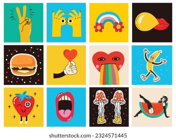 70's groovy square posters, cards or stickers. Retro print with hippie cute colorful funky character concepts of crazy geometric, dripping emoticon. Only good vibes sentence