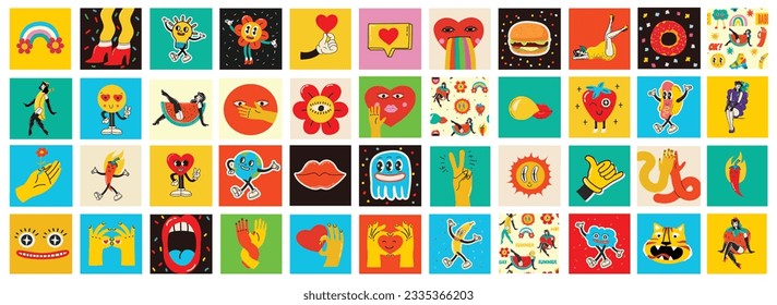 70's groovy square posters, cards or stickers. Retro print with hippie cute colorful funky character concepts of crazy geometric, dripping emoticon. Only good vibes sentence
