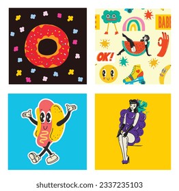 70's groovy square posters, cards or stickers. Retro print with hippie cute colorful funky character concepts of crazy geometric, dripping emoticon. Only good vibes sentence